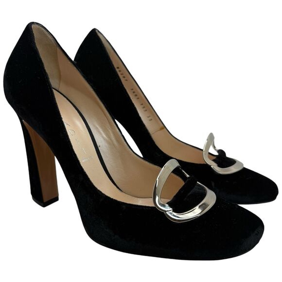 Casadei Black Velvet Block Heel Evening Pumps Size 9 - Picture 1 of 11